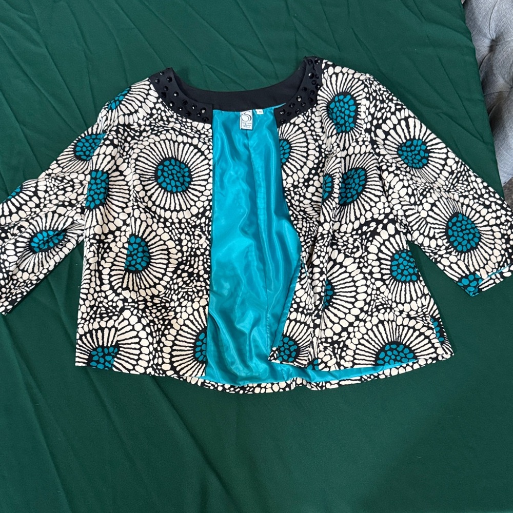 SilkLand Women’s 2X Open Front Jacket Black White Print Beaded Collar Teal Lined